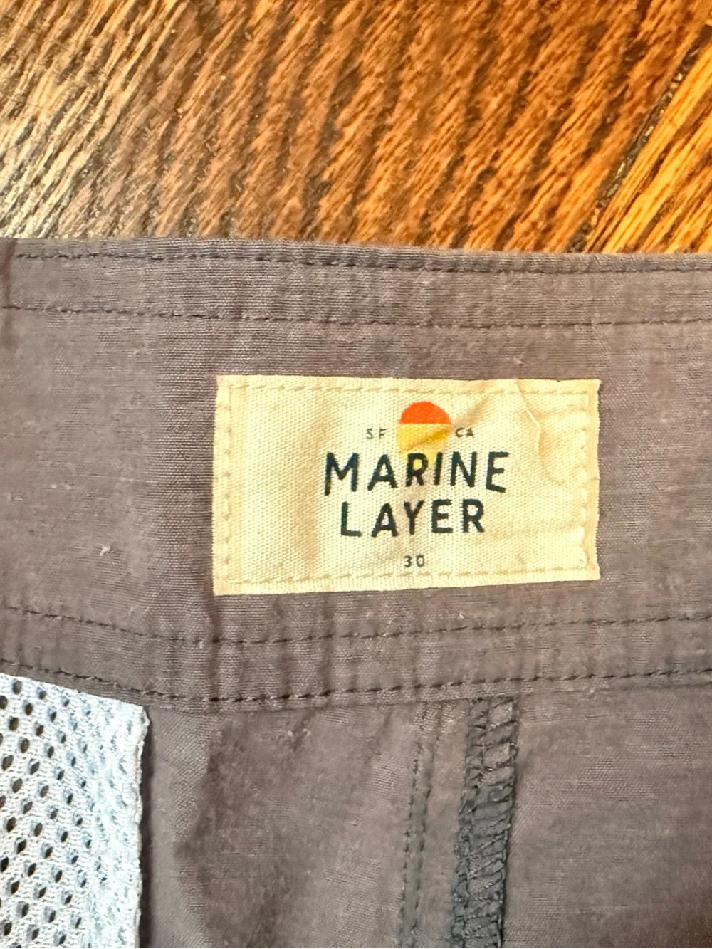 Marine Layer Gray Swim Board Shorts with Red and White Side Stripes